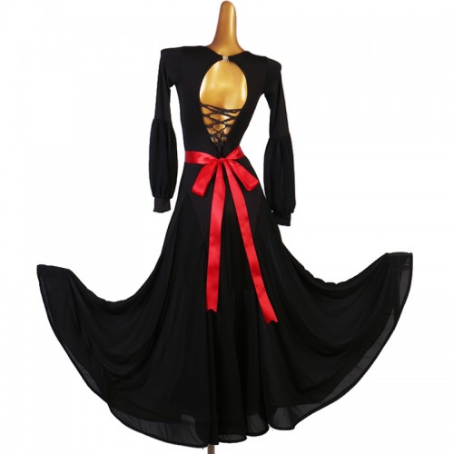 Women girls black with red  ballroom dance dresses long sleeves modern dance waltz tango foxtrot smooth dance long gown for woman